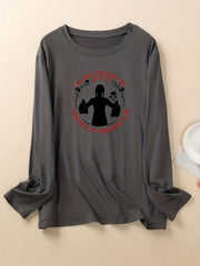 Halloween Skull Print Long Sleeve Round Neck Top