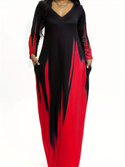 Ombre Print Long Sleeve V Neck Maxi Dress