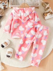 Kids 2pcs Fleece Pajamas Hooded Top & Pants Set Lion Embroidery Loungewear