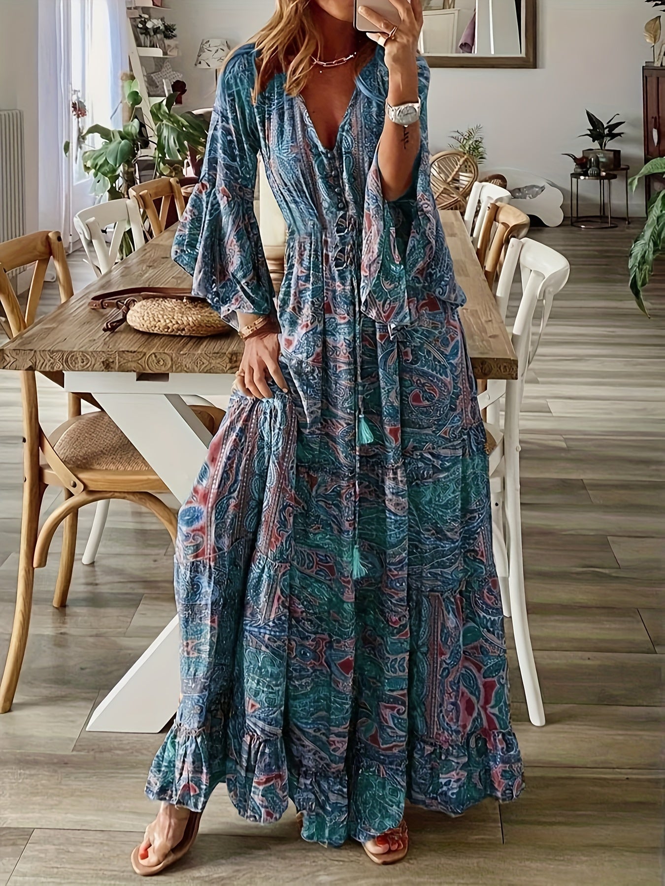 Plus Size Boho Dress Women's Paisley Floral Bell Sleeve V Neck Maxi