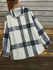 Grid Print Button Up Long Sleeve Blouse