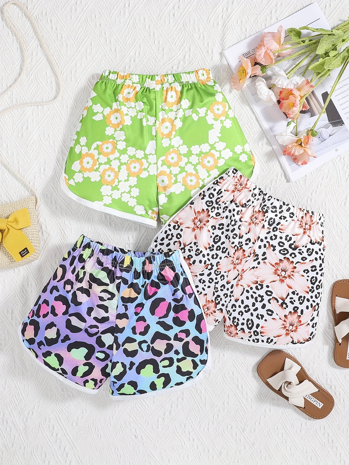 3pcs Toddler Girls Casual Shorts Set Leopard Print Floral Cow Flowers