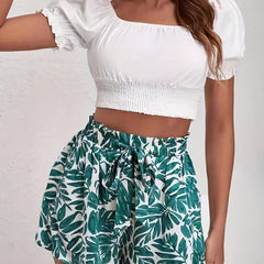 Leaves Print Vacation Shorts Elastic Waist Women's Clothing