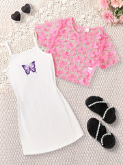 2pcs Toddler Girls Butterfly Graphic Dress & Top Set For Party Beach Vacation