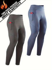 Men's Solid Pocket Leggings Active Compression Pants For Outdoor Running