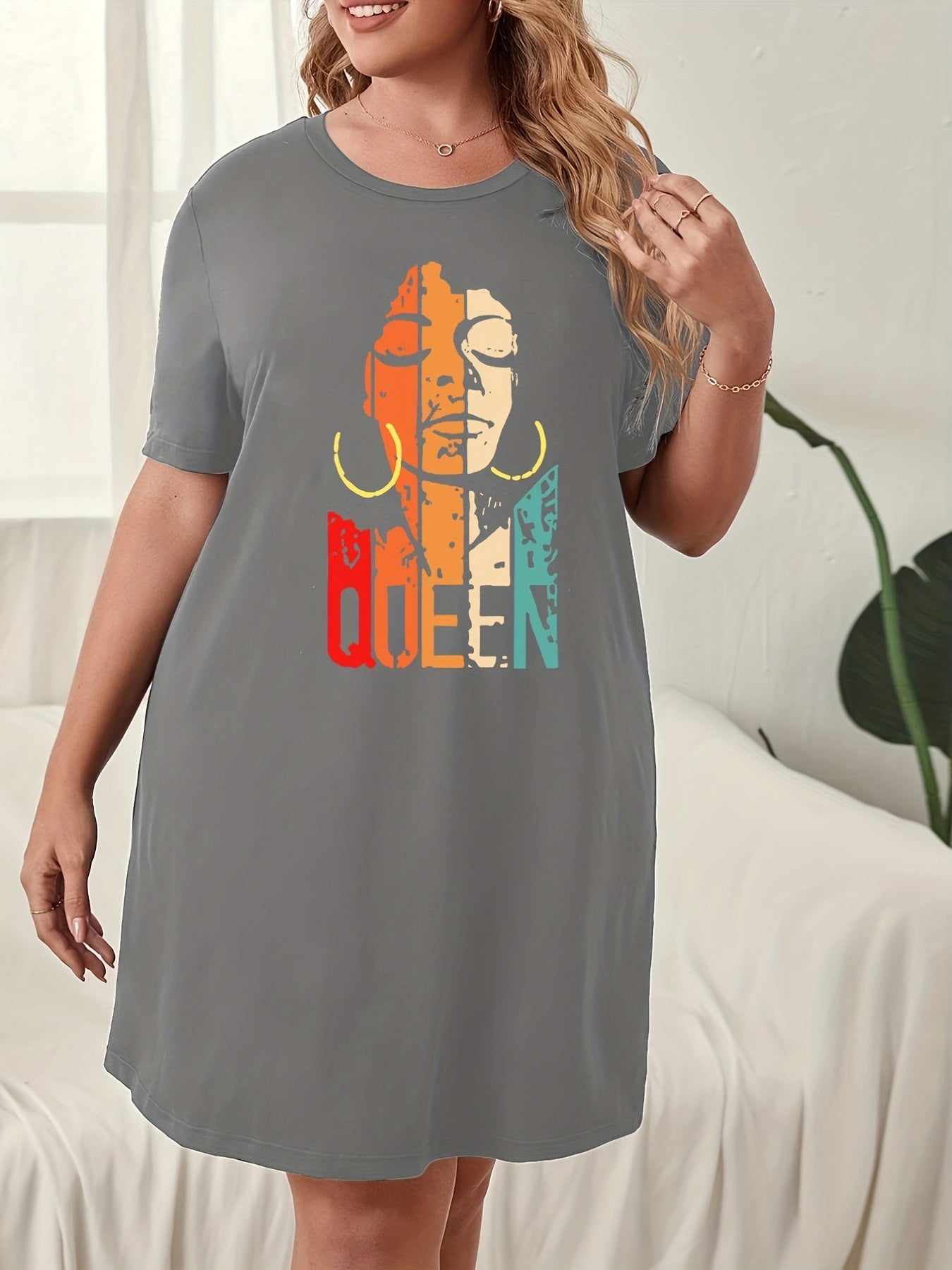 Figure Print Short Sleeve Sleep Dress