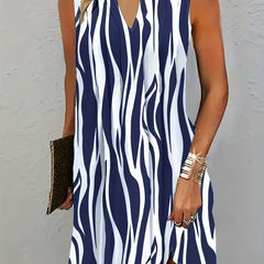 Abstract Ripple Print Dress Sleeveless V Neck Casual