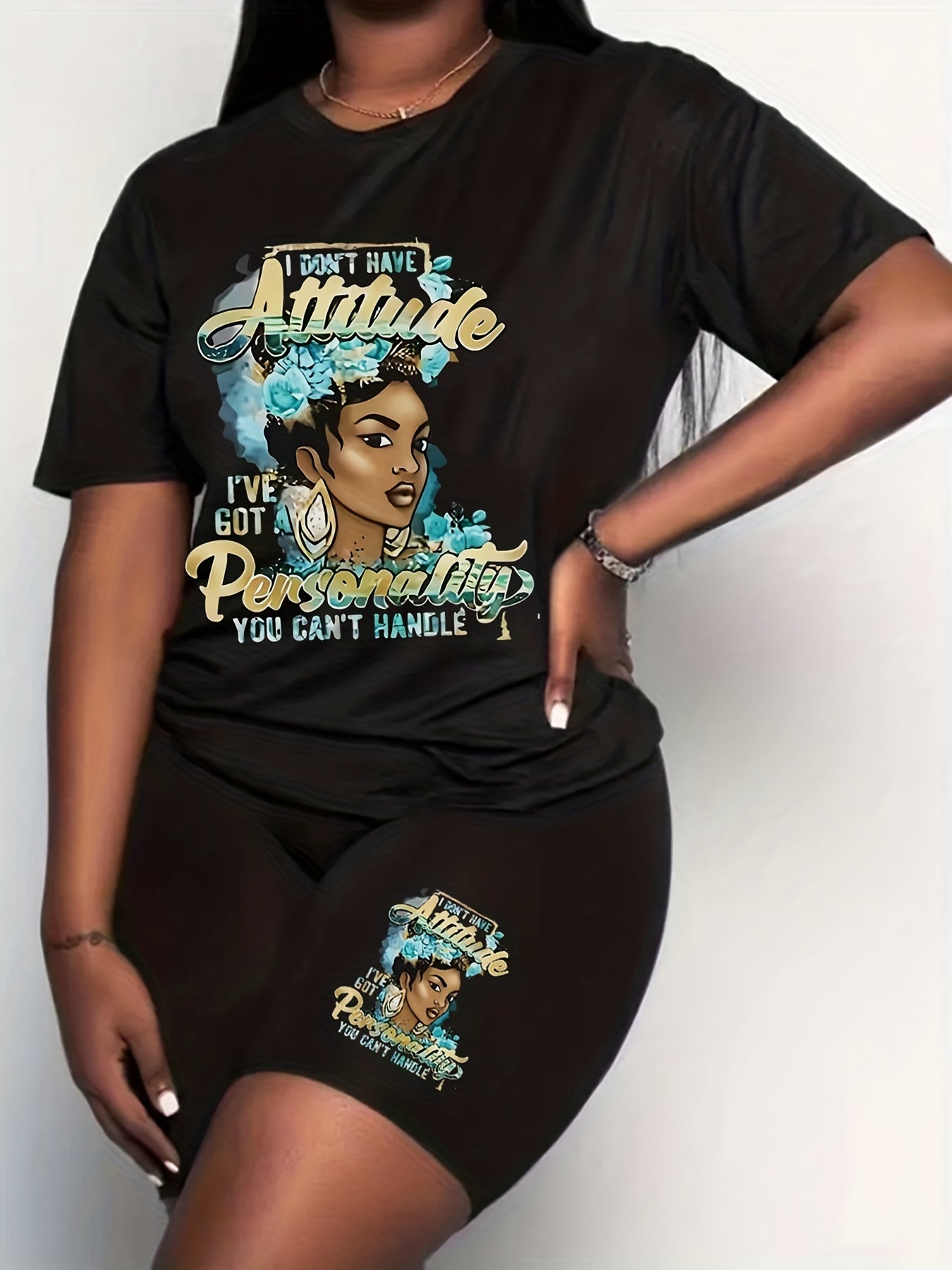 Figure & Letter Print Tee & Shorts 2 Piece Set