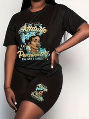 Figure & Letter Print Tee & Shorts 2 Piece Set