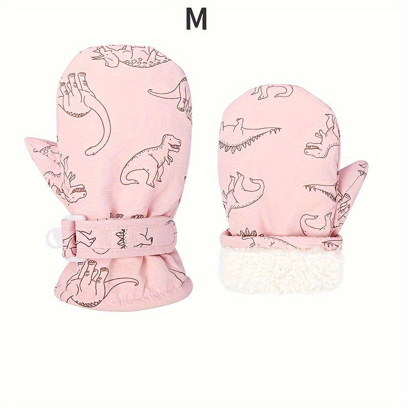 Kids Winter Plush Warm Skiing Mittens Dinosaur Print