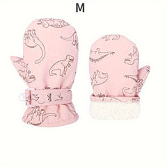 Kids Winter Plush Warm Skiing Mittens Dinosaur Print