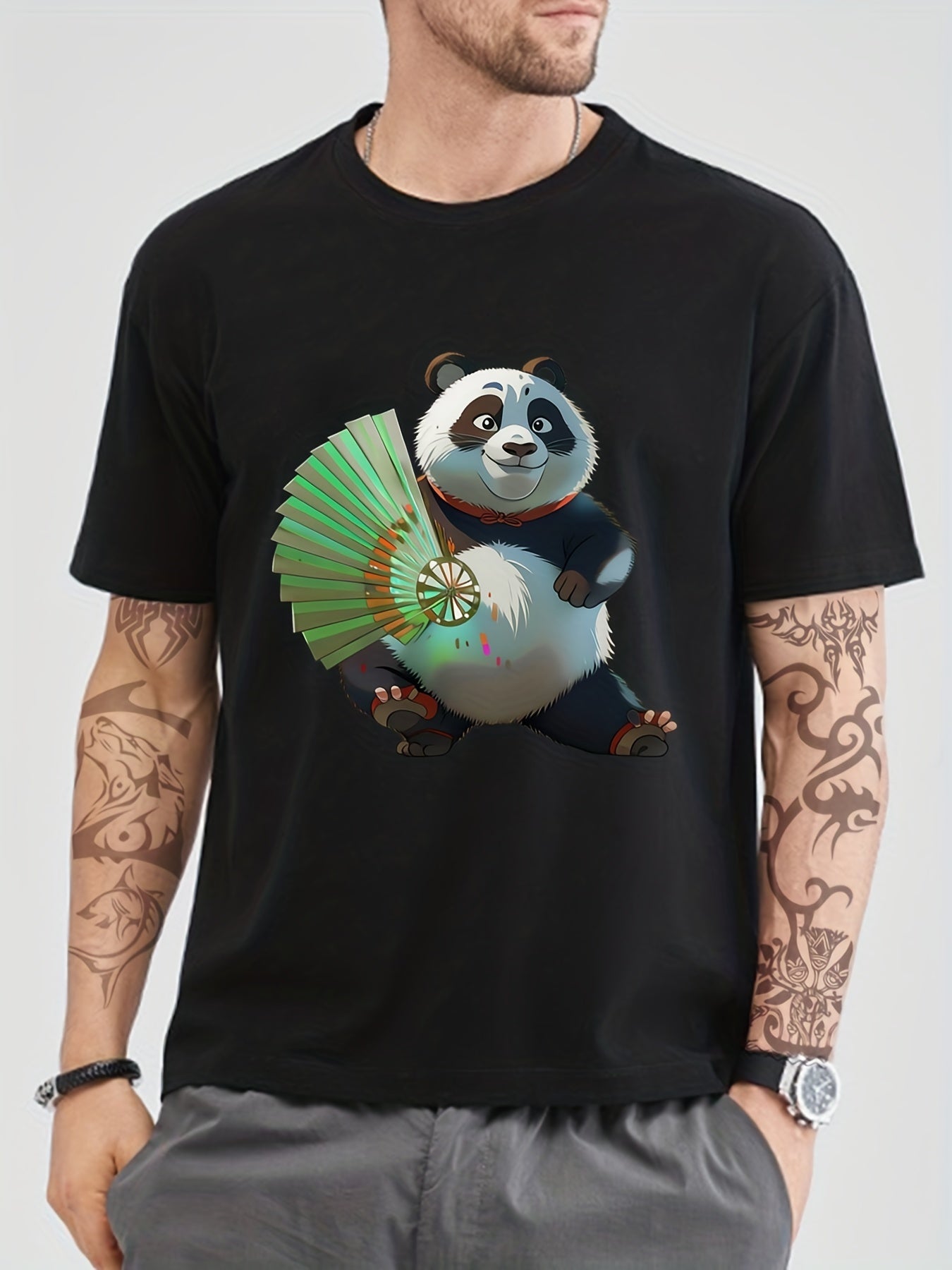 Cotton Anime Panda Print Men's Graphic Tee Crew Neck T shirt