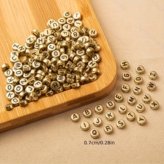 1000 Pcs Mixed Golden Acrylic Loose Spacer Round Flat Letter Beads