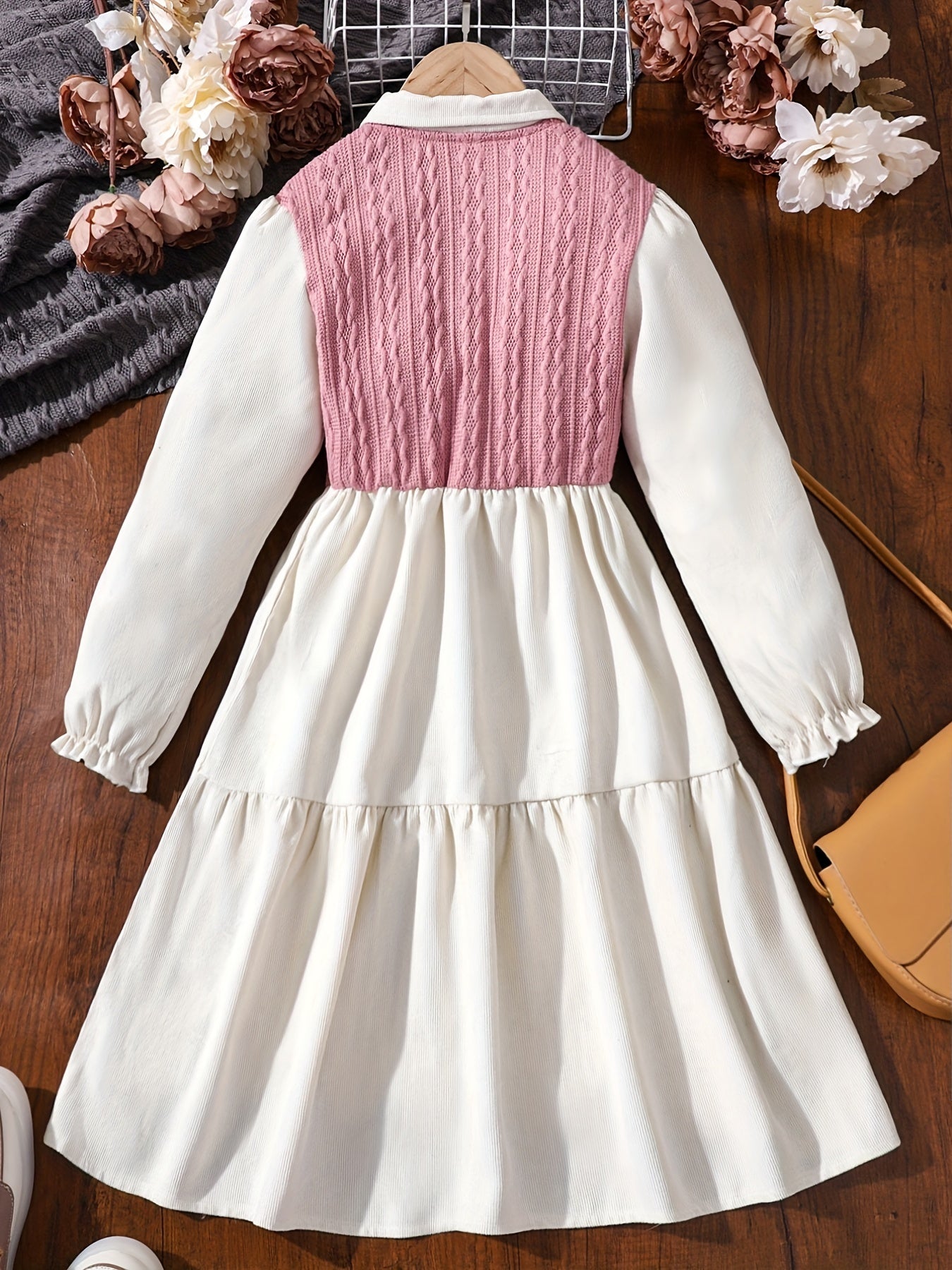 Girls' Colorblock Stitching Button Collar Long Sleeve Casual Dress