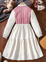 Girls' Colorblock Stitching Button Collar Long Sleeve Casual Dress