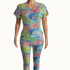 Casual Tie Dye 2pc Set V Neck T-shirt & Slim Pants Outfit