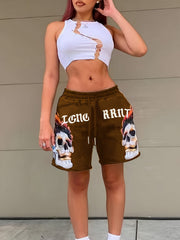 Skull Print Drawstring Shorts Elastic Waist Wide Leg