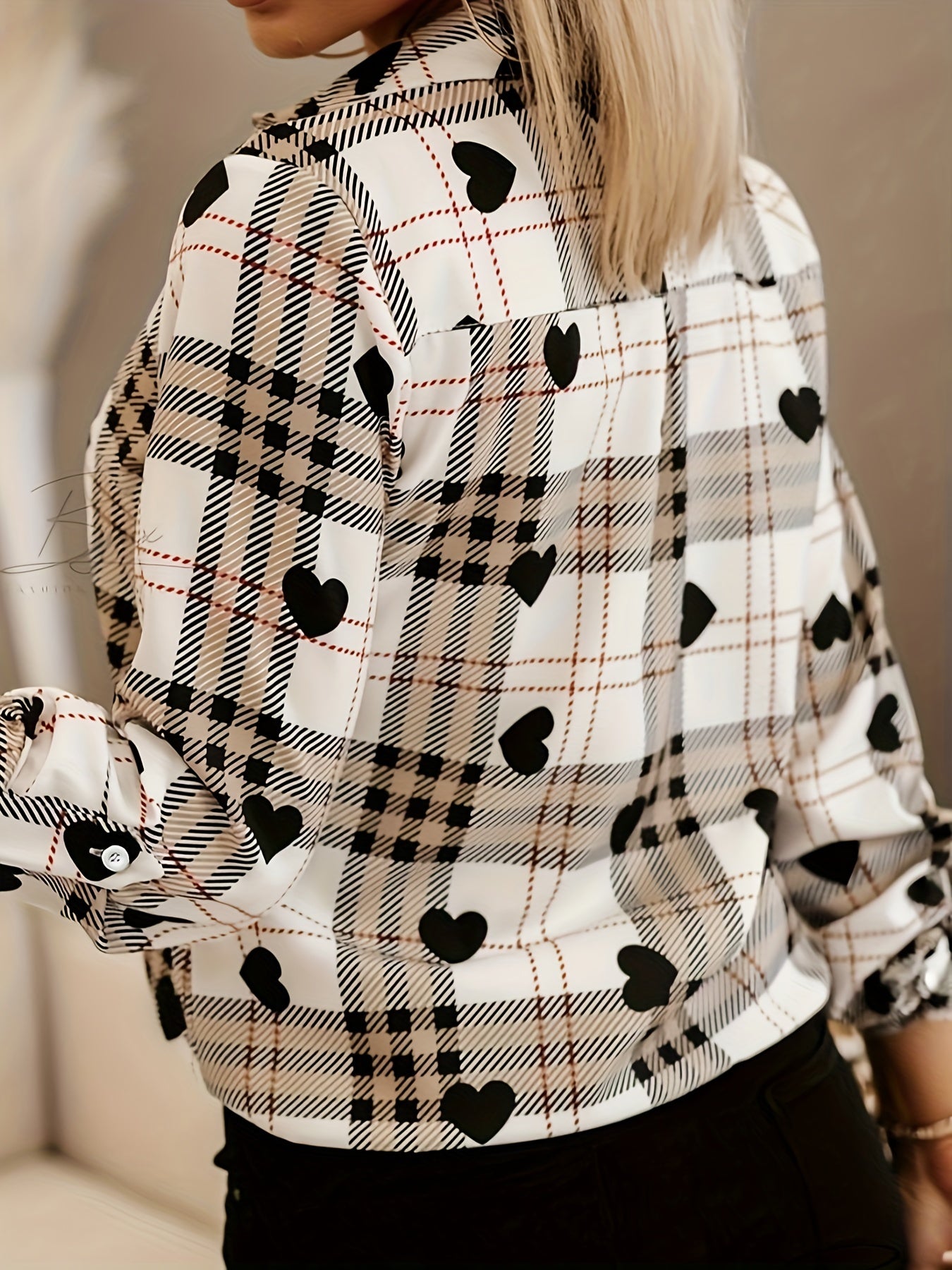 Plaid & Heart Print Button Up Roll Up Long Sleeve Shirt Top