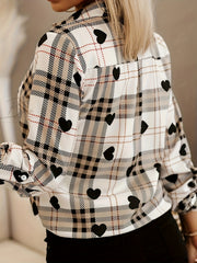 Plaid & Heart Print Button Up Roll Up Long Sleeve Shirt Top