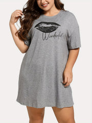 Casual Lounge Dress Women's Plus Kiss & Letter Print Tee Sleep Dress