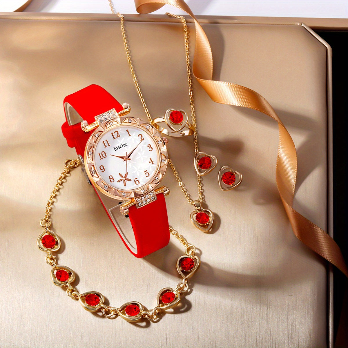 Stylish Rhinestone Studded Quartz Watch & Kids Heart Jewelry Set