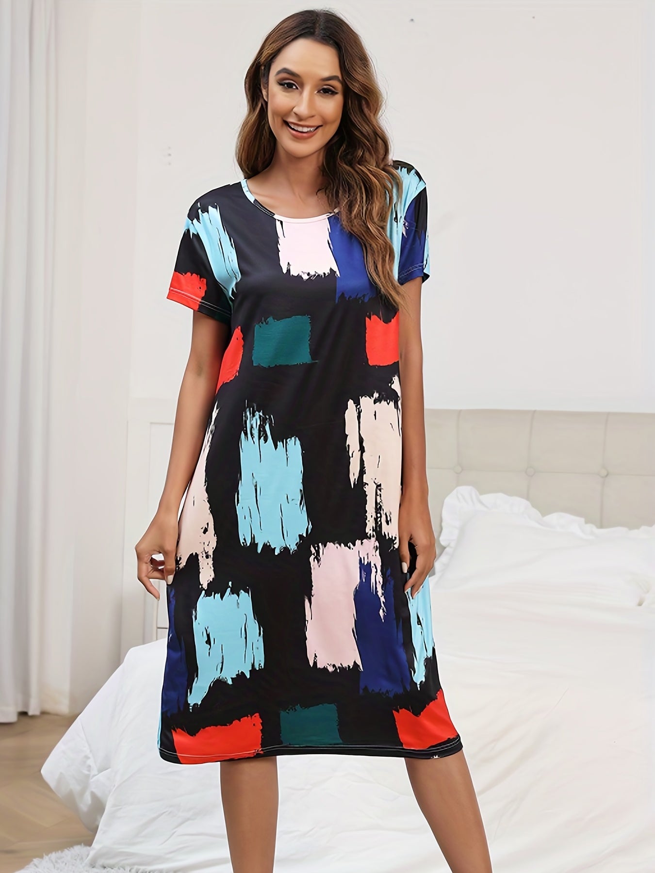 Colorblock Plaid Lounge Dress Short Sleeve Crew Neck Home Dress