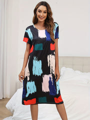 Colorblock Plaid Lounge Dress Short Sleeve Crew Neck Home Dress