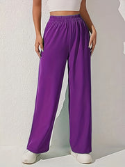 Solid Color Wide Leg Pants Elastic Waist Casual Stylish Trousers