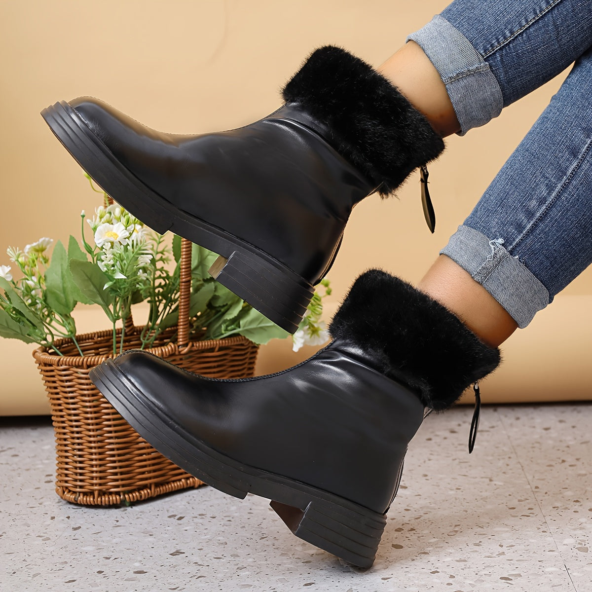 Women's Snow Boots with Plush Lining, Zip Back Soft Faux Leather