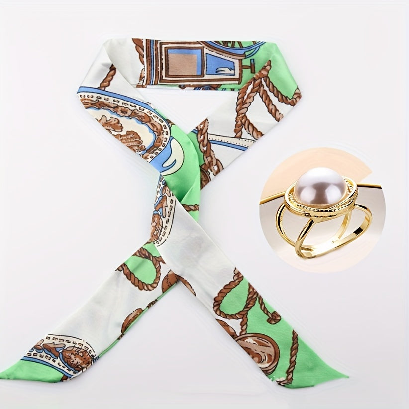 Green Skinny Scarf & Ring Set, Faux Pearl Scarf Clip, Neckerchief Twilly Scarf