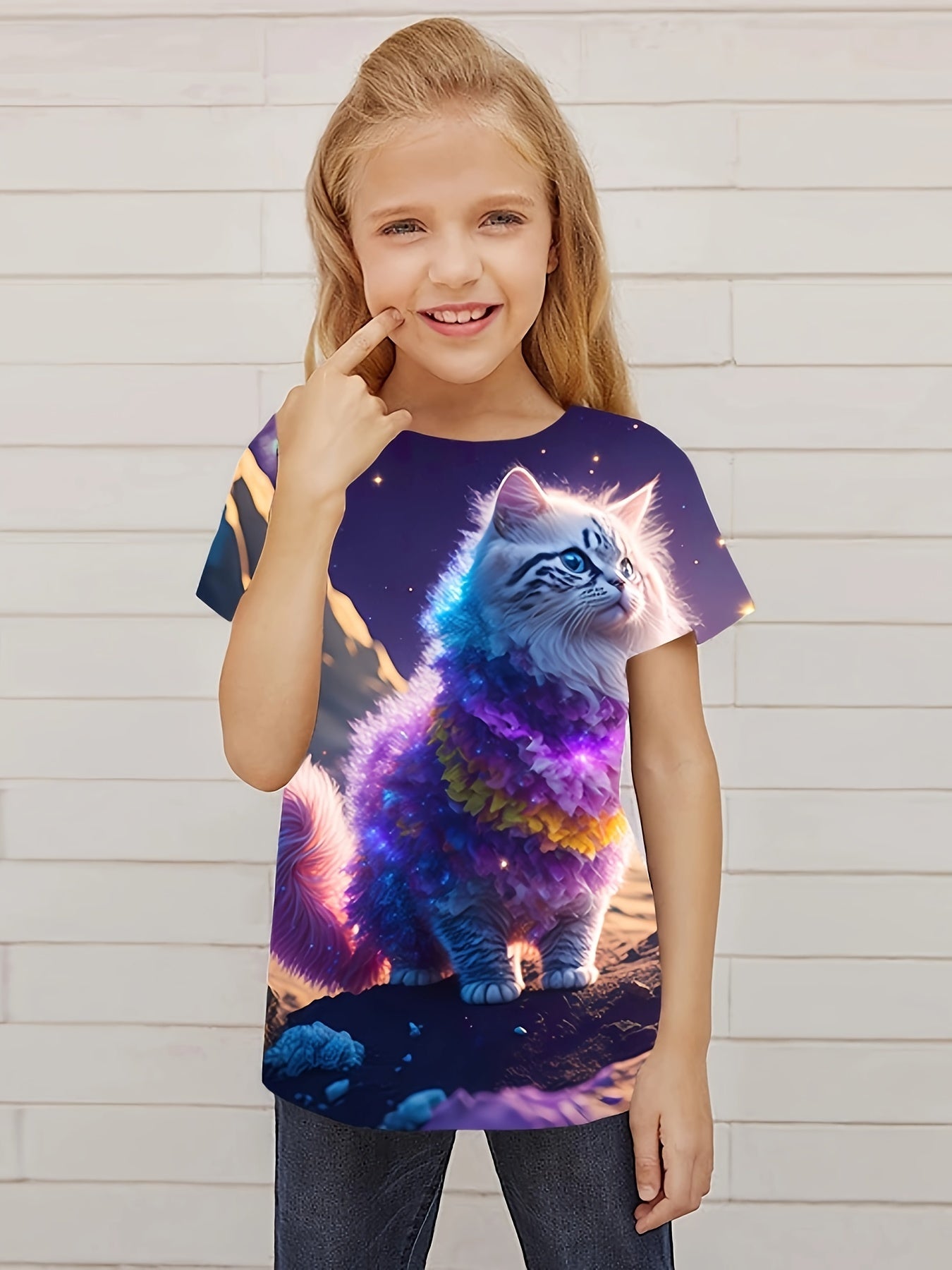 Aurora Cat Graphic Short Sleeve T shirt for Girls, Summer Sports Pullover