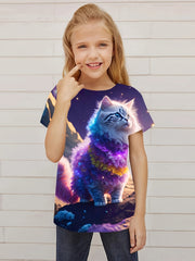 Aurora Cat Graphic Short Sleeve T shirt for Girls, Summer Sports Pullover
