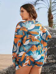 Women's Plus Size Boho Bikini Set Leaf Print Cover Up Bra Panty