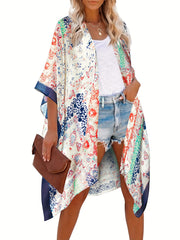 Scarf Print Batwing Sleeve Beach Kimono Cover Up