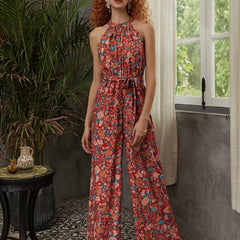 Boho Floral Print Sleeveless Jumpsuit Vintage Wide Leg Jumpsuit