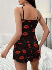 Lips Print Pajama Set Cami Top & Shorts Women's Sleepwear