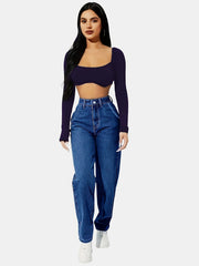 Dark Mom Jeans High Waist Slash Pockets High Rise Straight Denim Pants