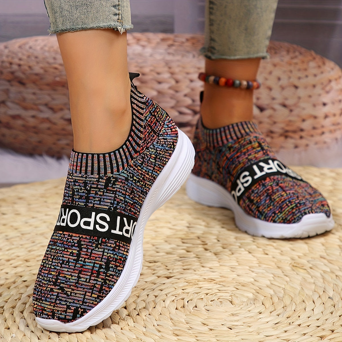 Women's Colorblock Flying Woven Slip On Sneakers Round Toe Casual Non-slip Shoes