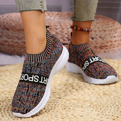Women's Colorblock Flying Woven Slip On Sneakers Round Toe Casual Non-slip Shoes