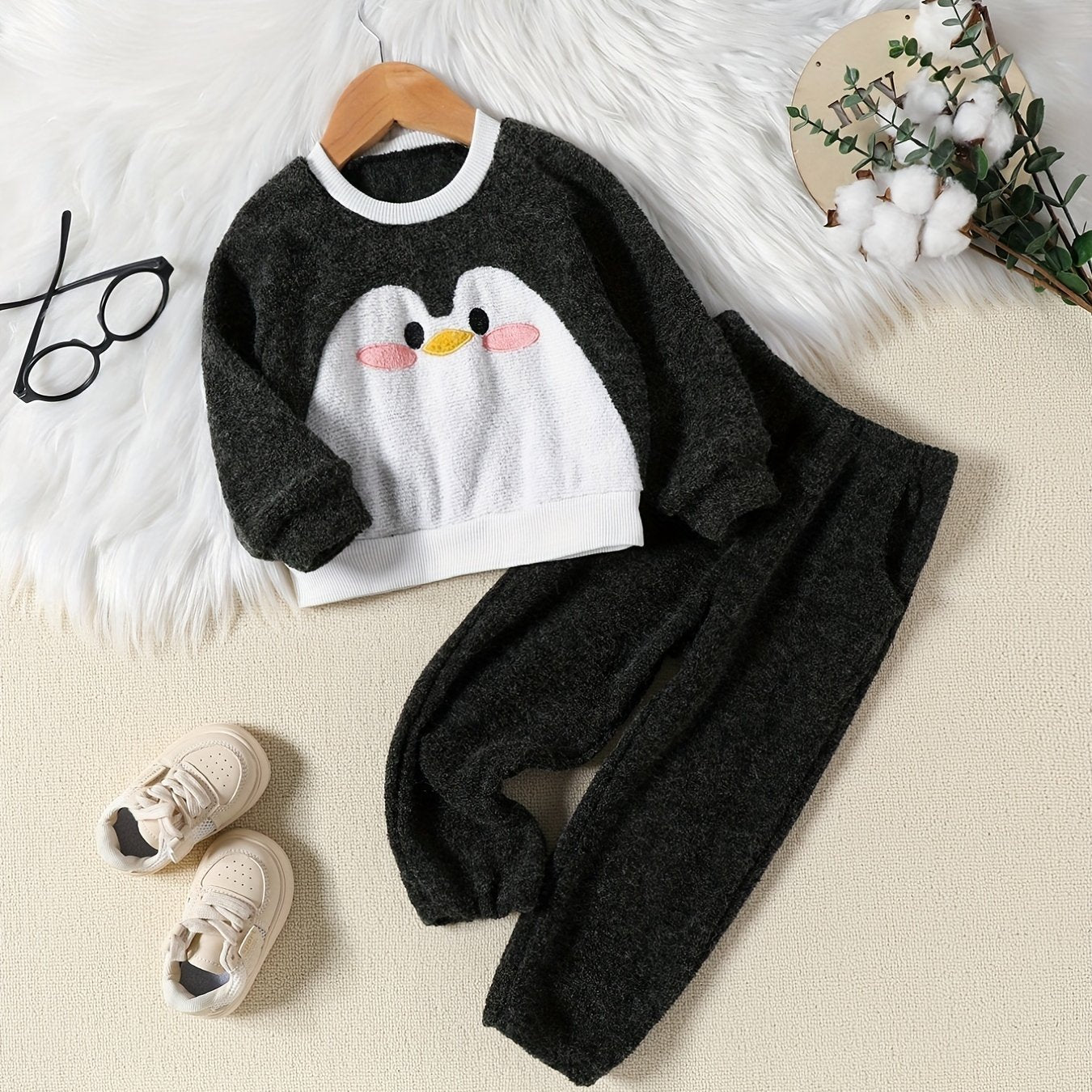 Kids Coral Fleece Pajamas Set Cartoon Animal Patched Loungewear