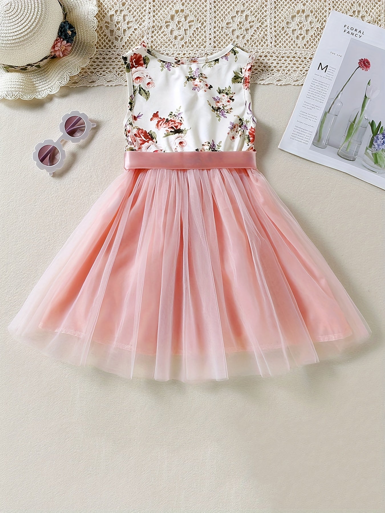 Girls Boho Floral Tank Dress With Band Belt Princess Dress