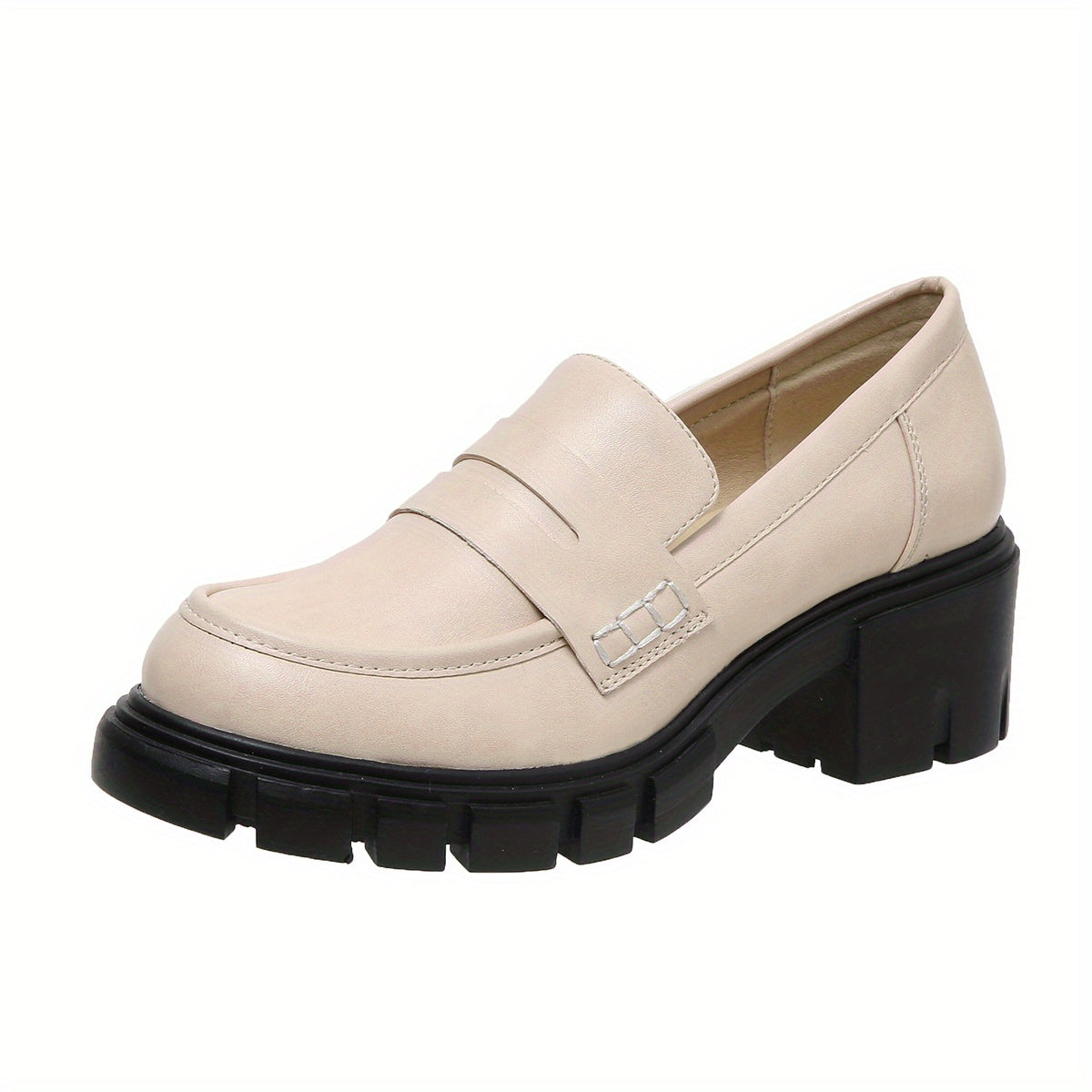 Chunky Heeled Loafers Round Toe PU Leather Shoes