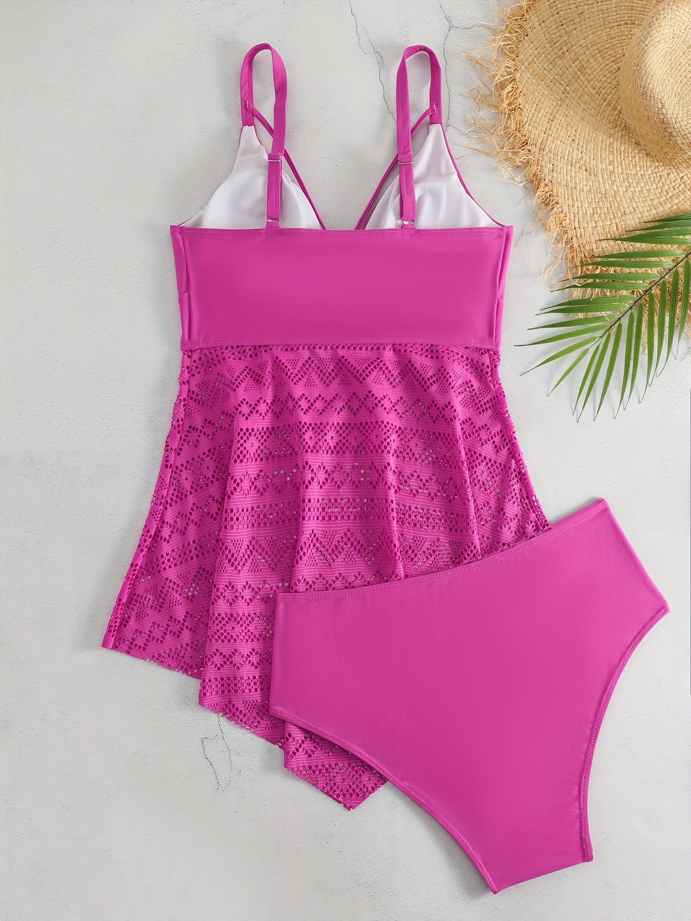 Eyelet Lace V Neck Tankini & Panty Swimsuit Set