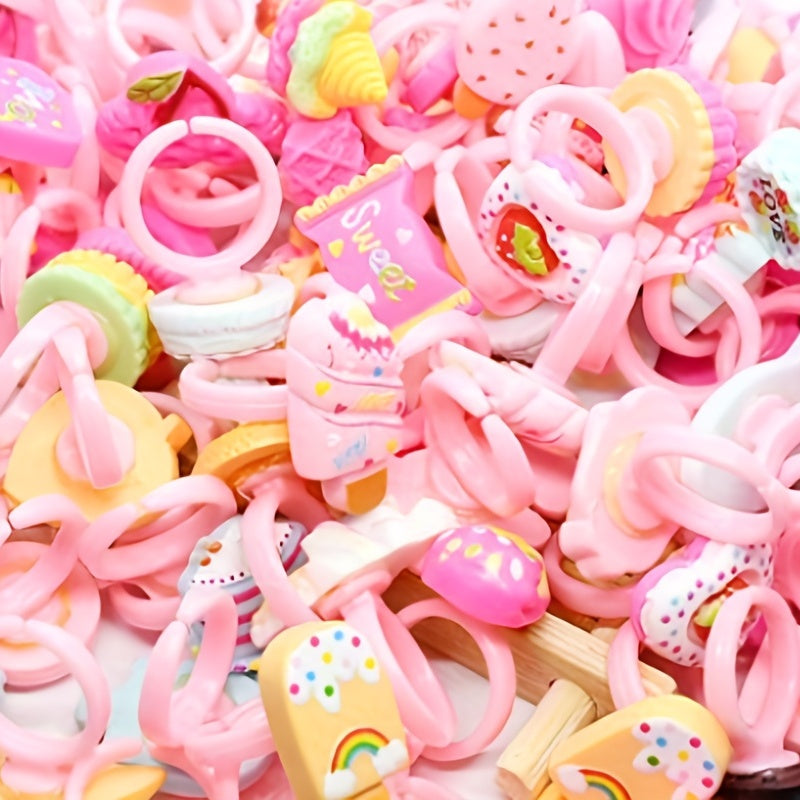 100pcs Kids Cartoon Rings Pink Resin Rings Adjustable Hand Decoration Gift