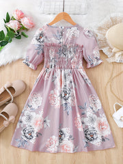 Girls Puff Sleeve Floral Dress For Party Kids Summer Clothes