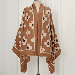 Flower Print Warm Scarf Frayed Trim Cashmere Shawl Windproof