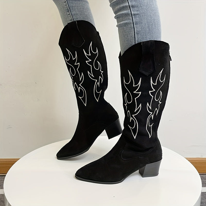 Women's Embroidered Chunky Heel Boots Point Toe Back Zipper Boots