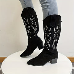 Women's Embroidered Chunky Heel Boots Point Toe Back Zipper Boots