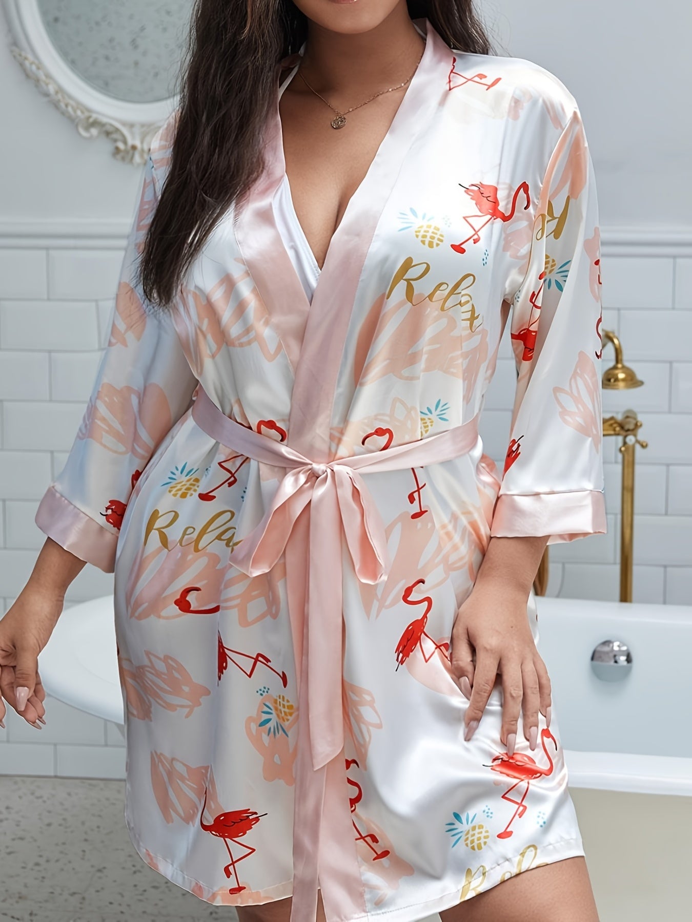 Flamingo Print Satin Nightgown Plus Size Women's Sleepwear Robe