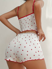 Strawberry Print Pajama Set Ruffle V Neck Cami Top & Shorts Women's Sleepwear